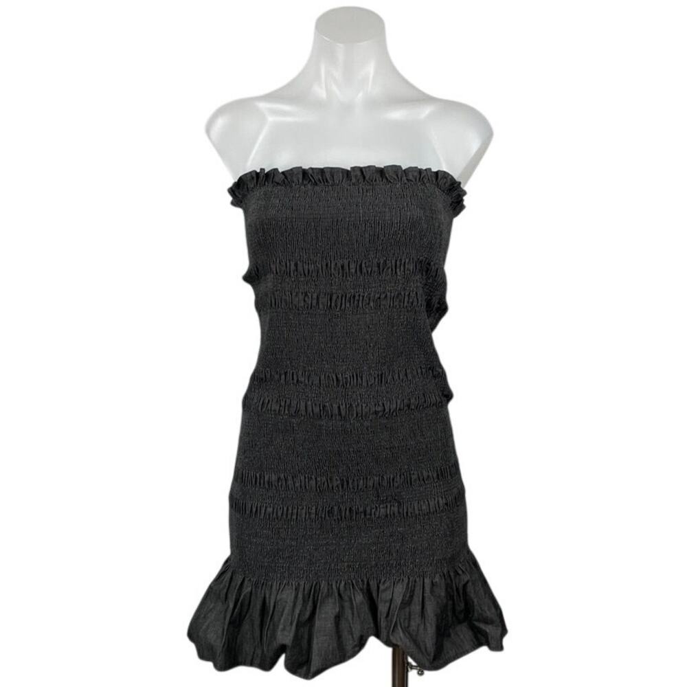 Know One Cares Black Strapless Tube Bandeau Smocked Ruffle Mini Bodycon Dress S